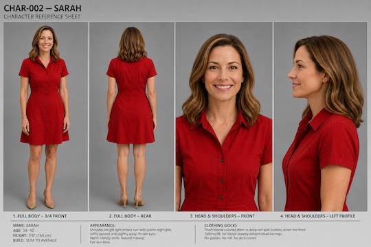 Example character reference sheet for Sarah: full-body front and back views plus head-and-shoulders front and side views