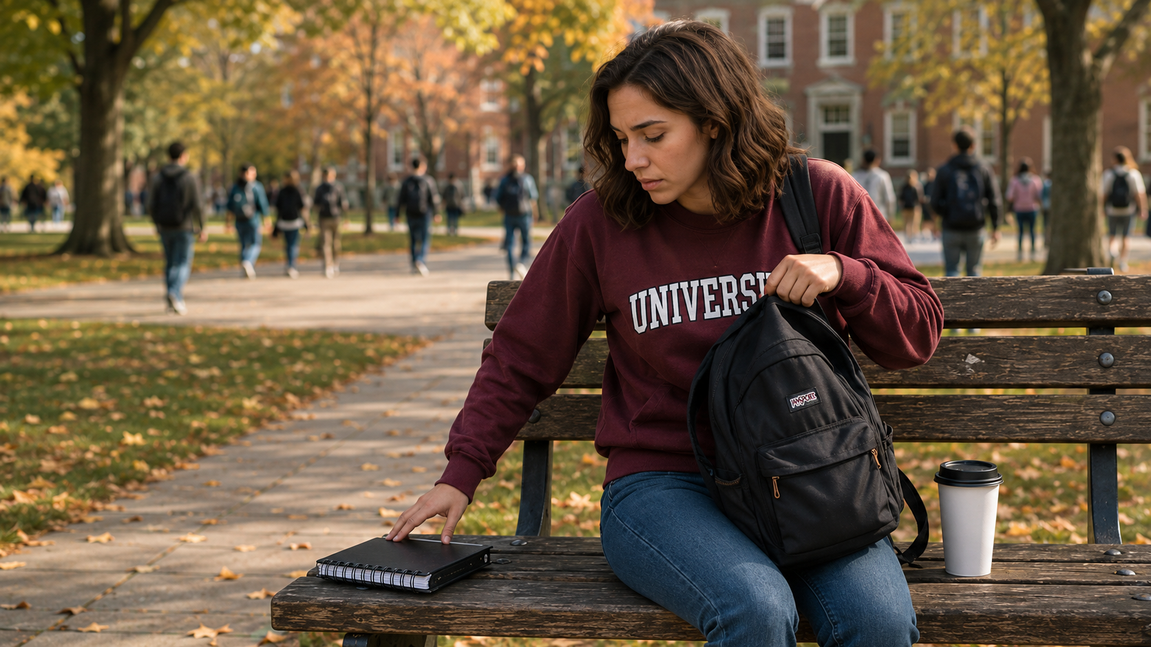 Storyboard panel showing a student pausing on a campus bench after noticing a black notebook left behind