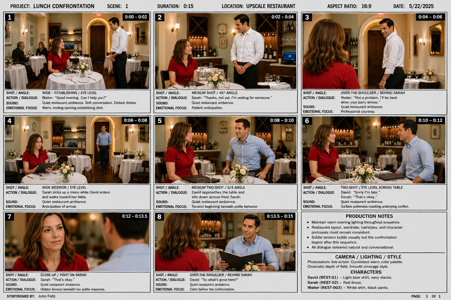 Complete eight-panel storyboard for a restaurant confrontation scene, with shot angles, dialogue, sound, and emotional-focus notes for every panel