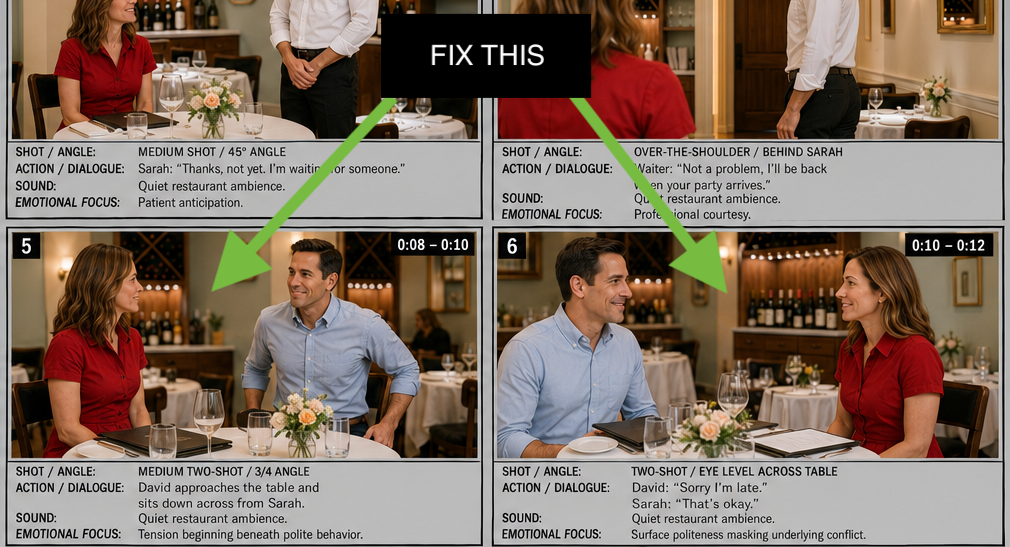 First-draft storyboard panels with a “fix this” note flagging a panel that breaks continuity
